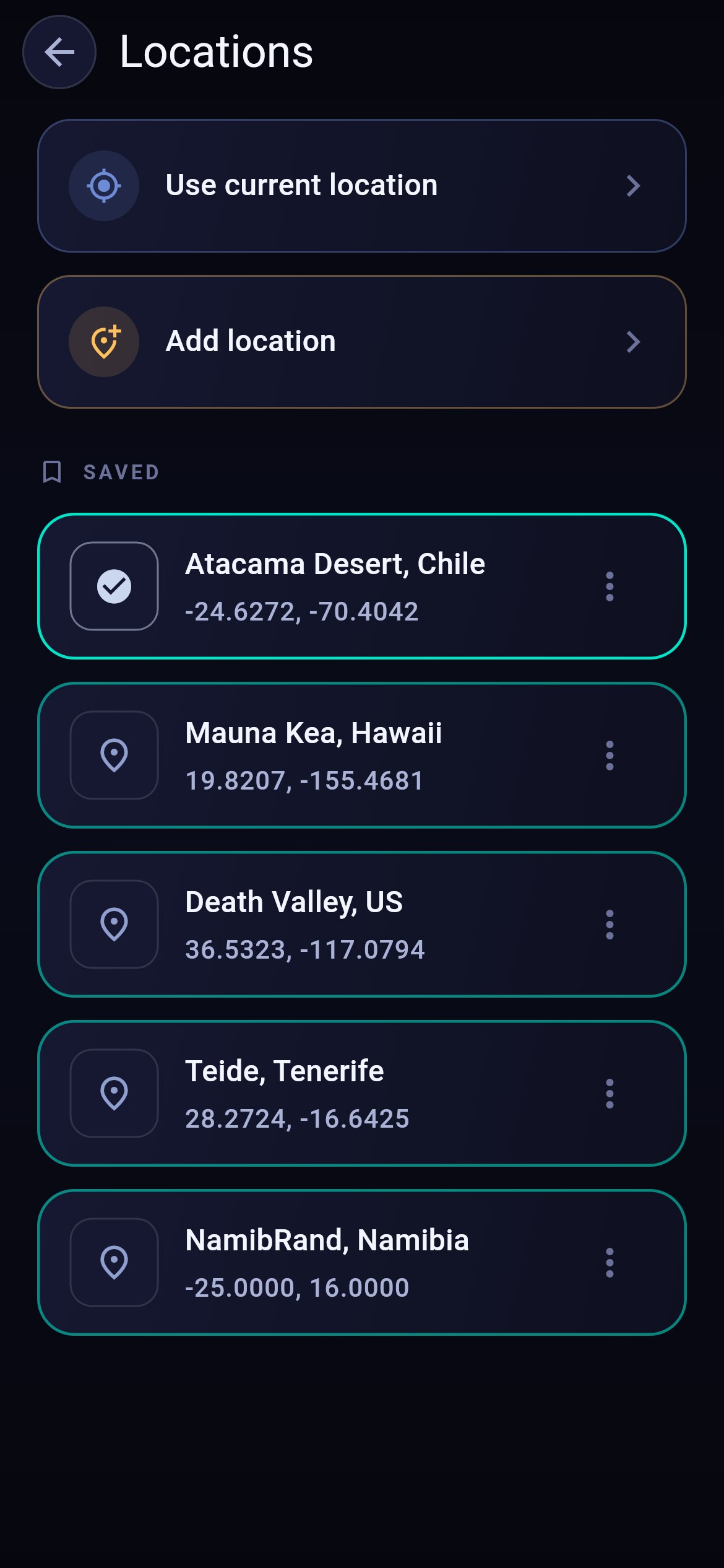 Almanox - Saved dark-sky locations