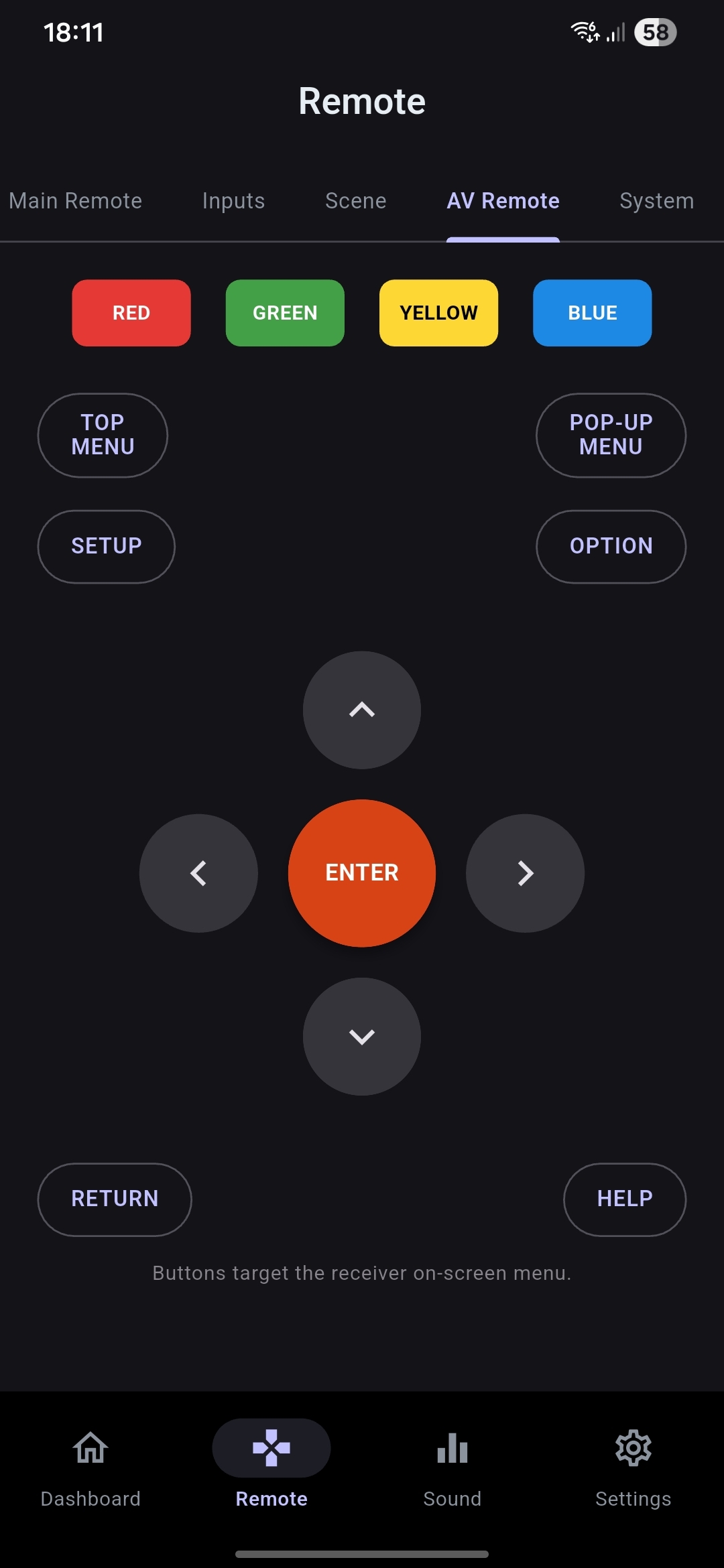 AVR Maestro MC AV Remote screen - d-pad, menu, and color buttons for a Yamaha receiver