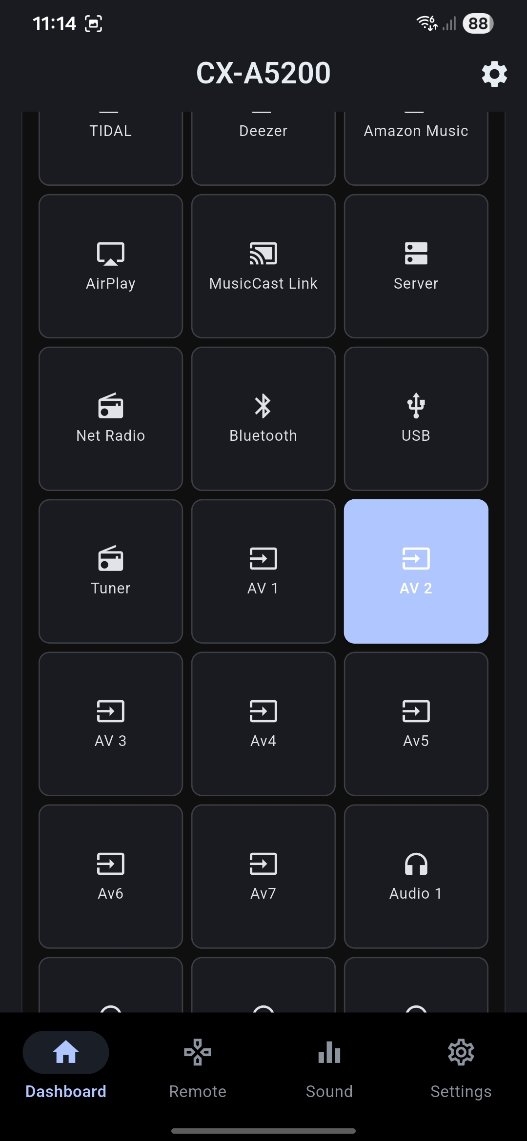 AVR Maestro MC dashboard - every input and MusicCast source in a grid
