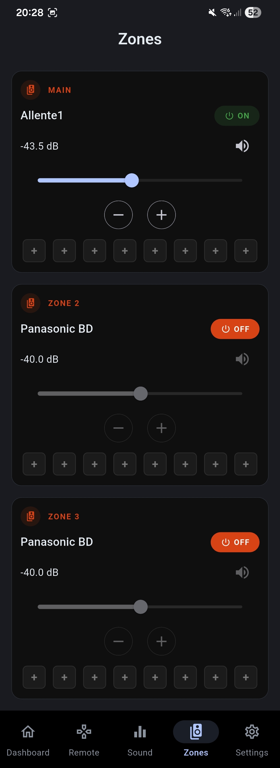 AVR Maestro MC zones - independent power, volume, and input for main, Zone 2, and Zone 3