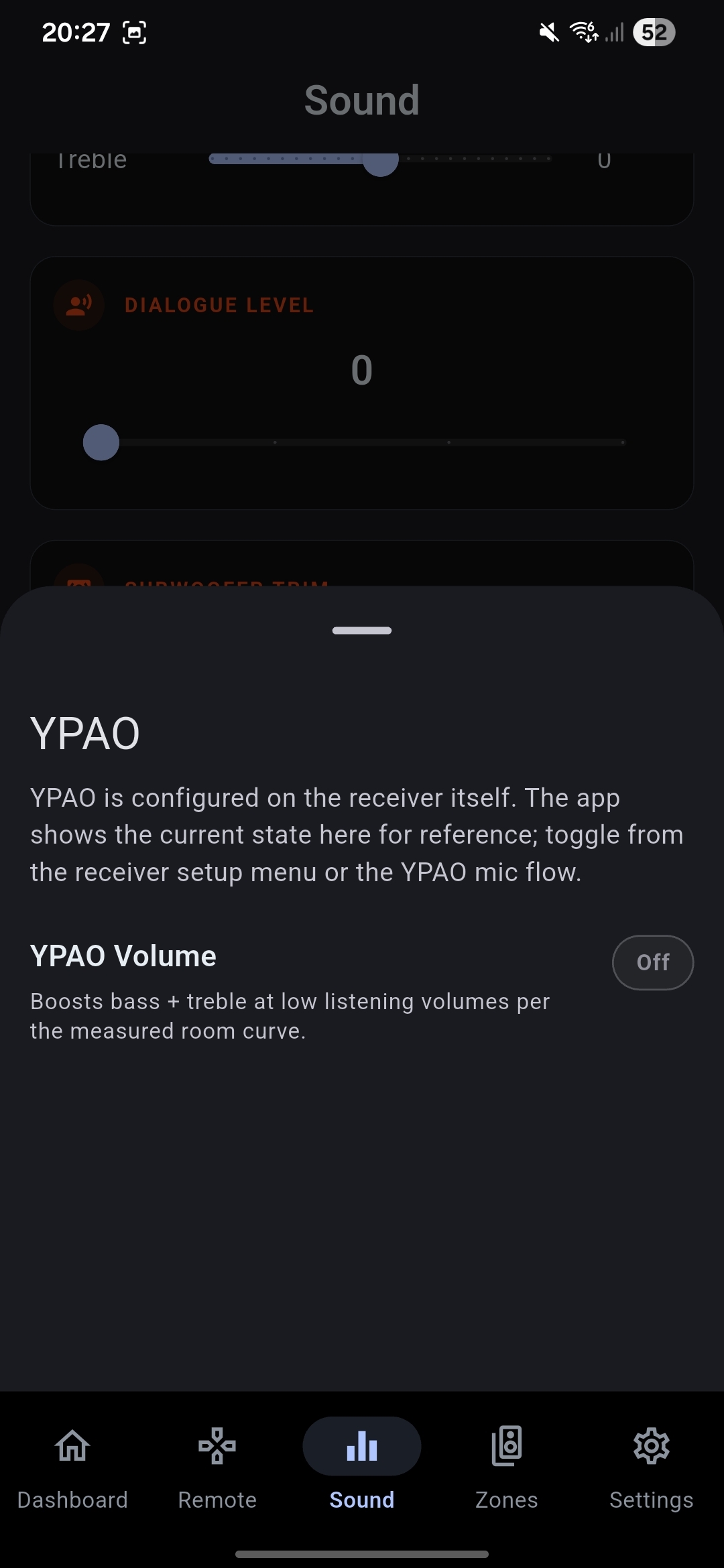 AVR Maestro MC YPAO panel - room correction state and YPAO Volume