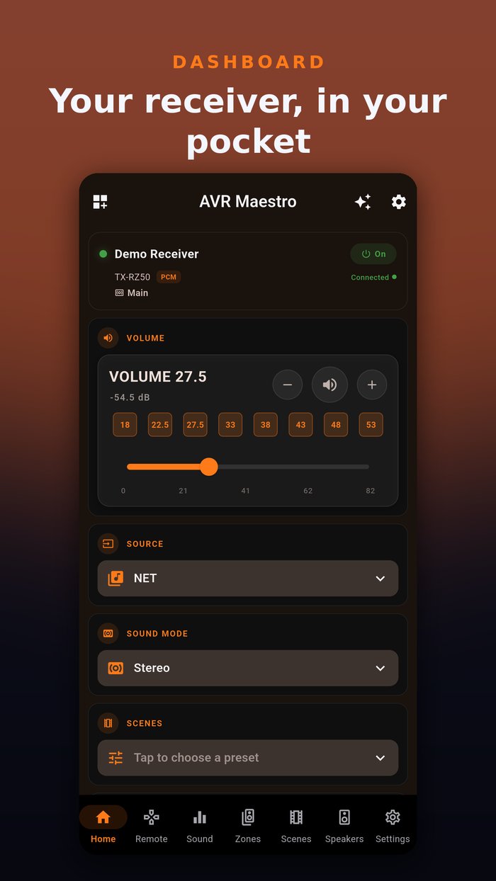 AVR Maestro for Onkyo Pioneer dashboard for an Onkyo receiver