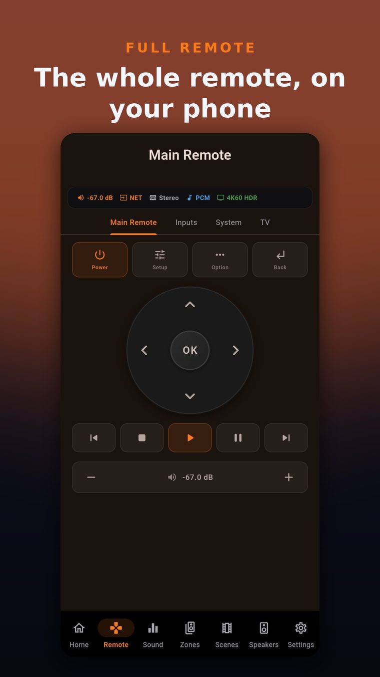 Main remote with D-pad and transport controls