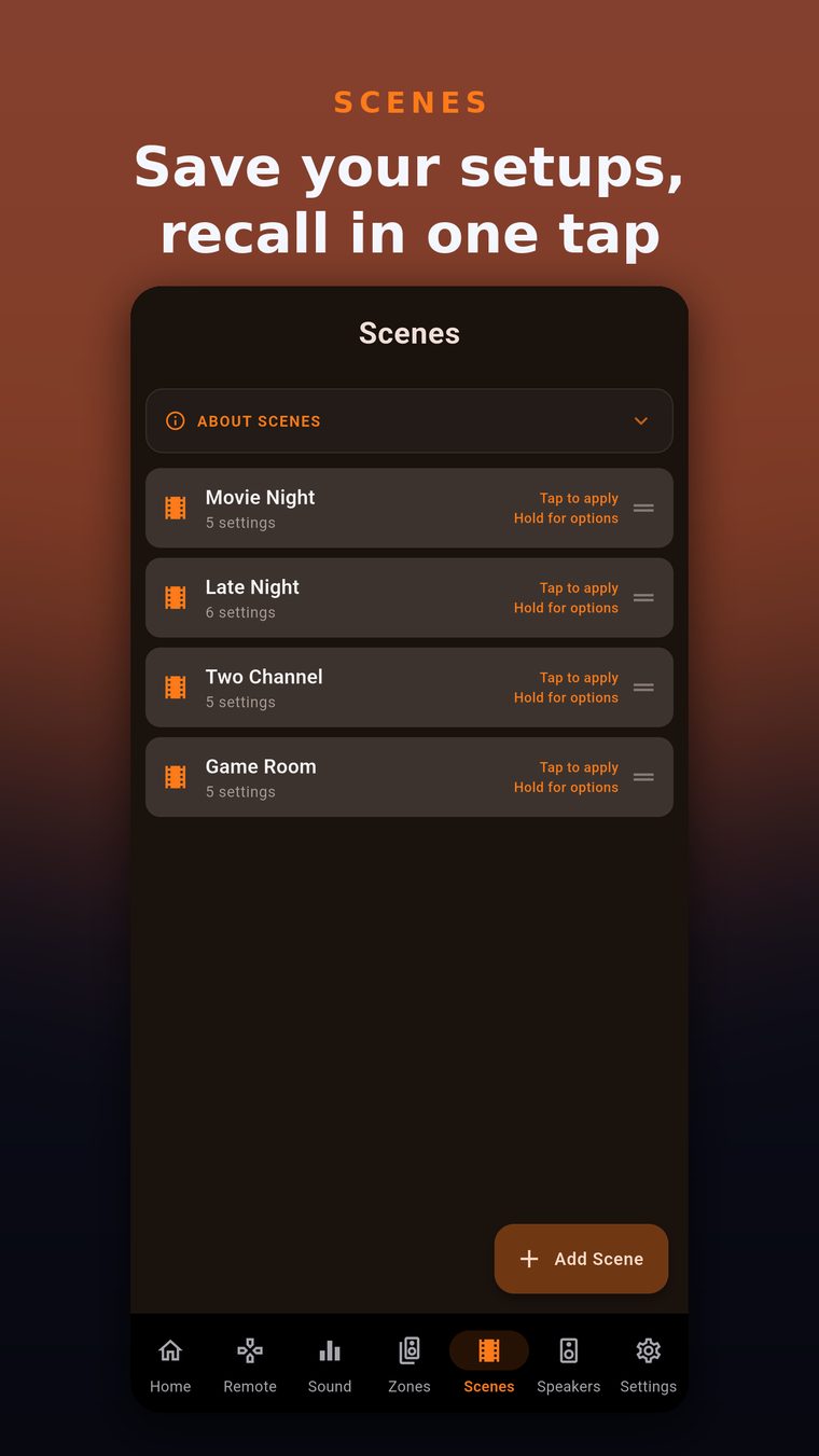 Saved scenes, recalled with one tap