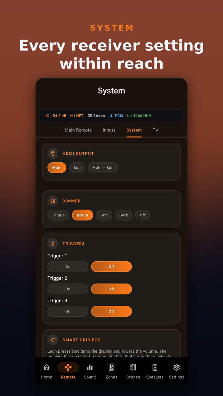 System settings: HDMI output, dimmer and 12V triggers