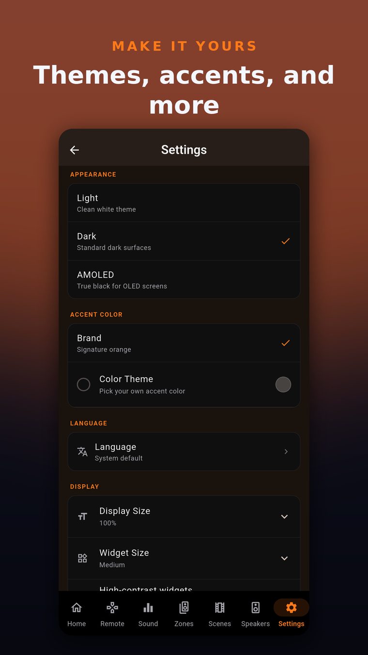 Light, Dark and AMOLED themes and accent color