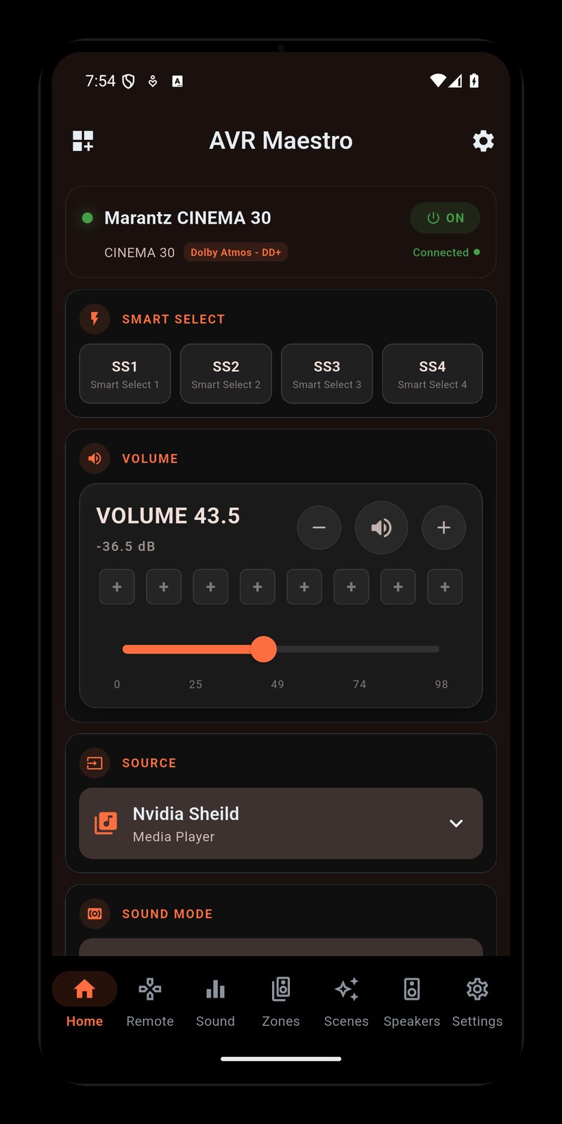 AVR Maestro home dashboard controlling a Marantz Cinema 30 receiver