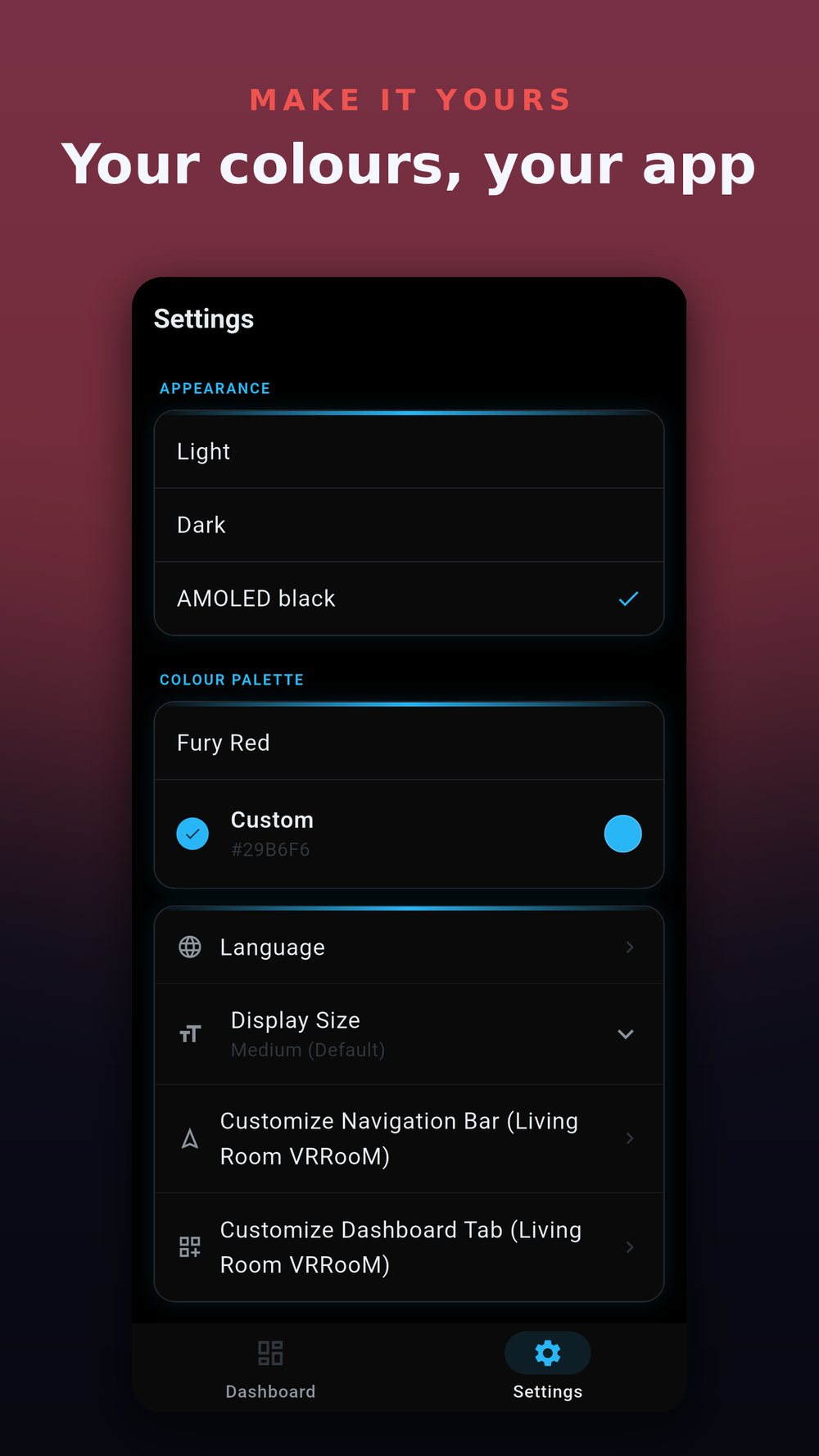 FuryPath theme picker, choose any colour and the whole app follows