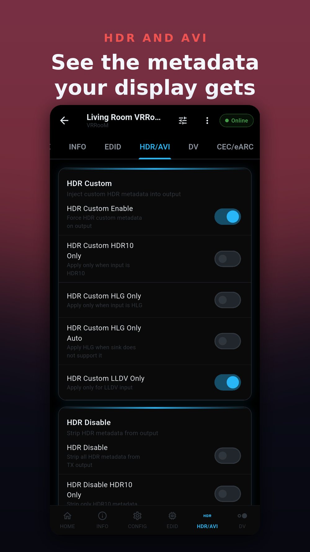 FuryPath HDR and AVI InfoFrame metadata view