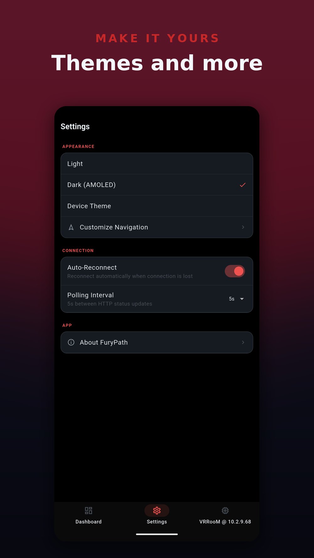 FuryPath app settings and themes