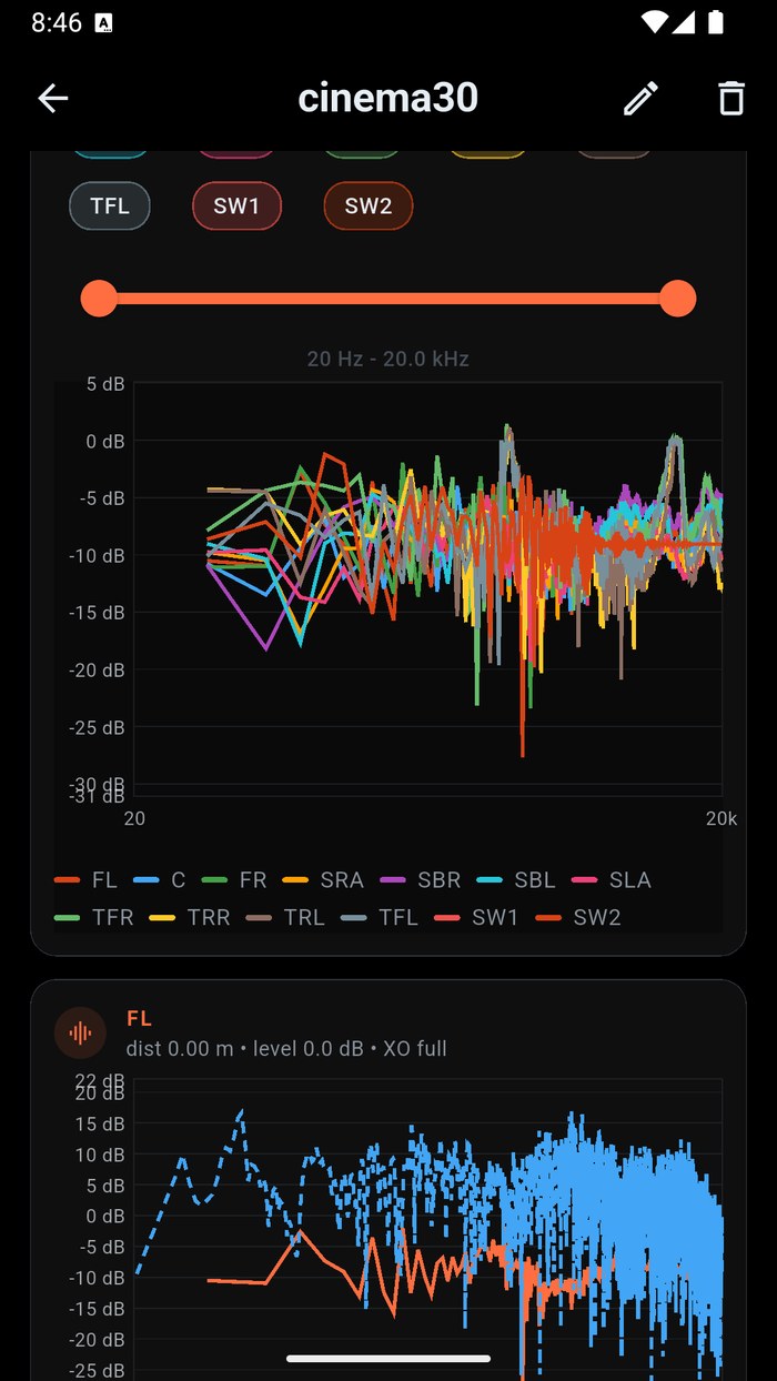 NexusDeck curve detail with a full frequency-response chart for a Marantz Cinema 30 calibration