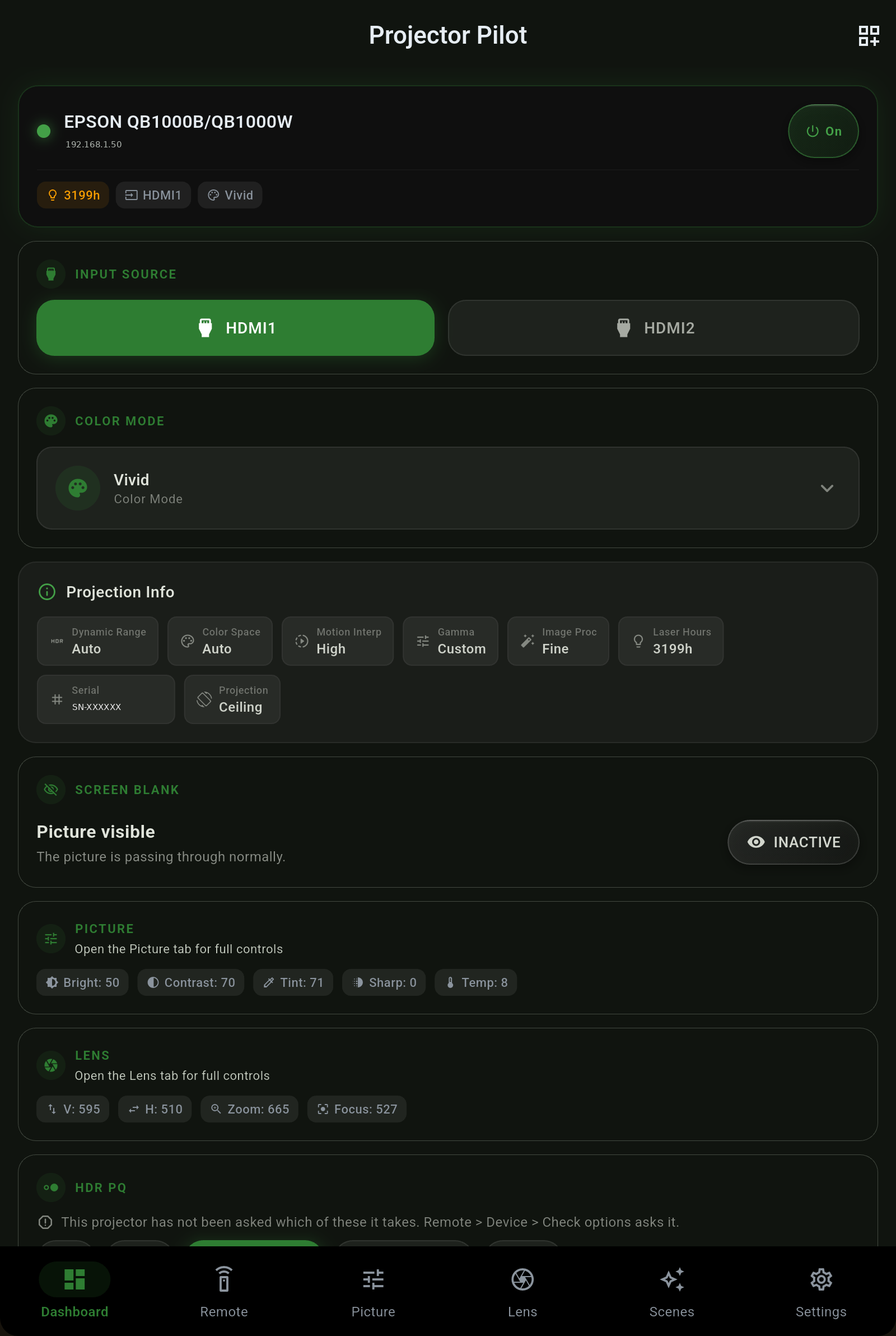 Projector Pilot dashboard with live status, projection info and picture and lens summaries