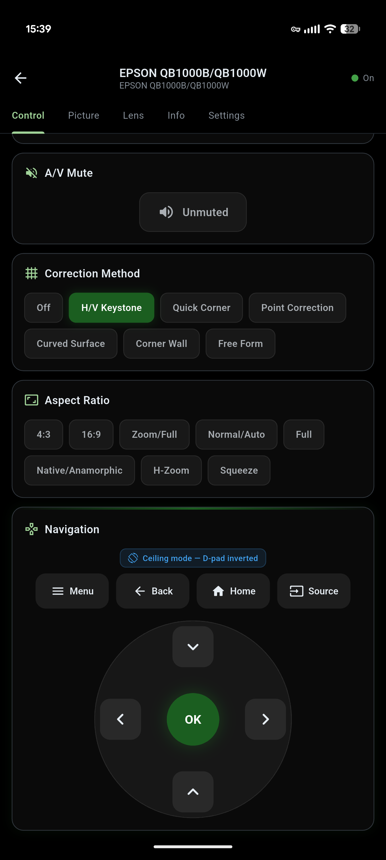 Control Panel: Volume and Options