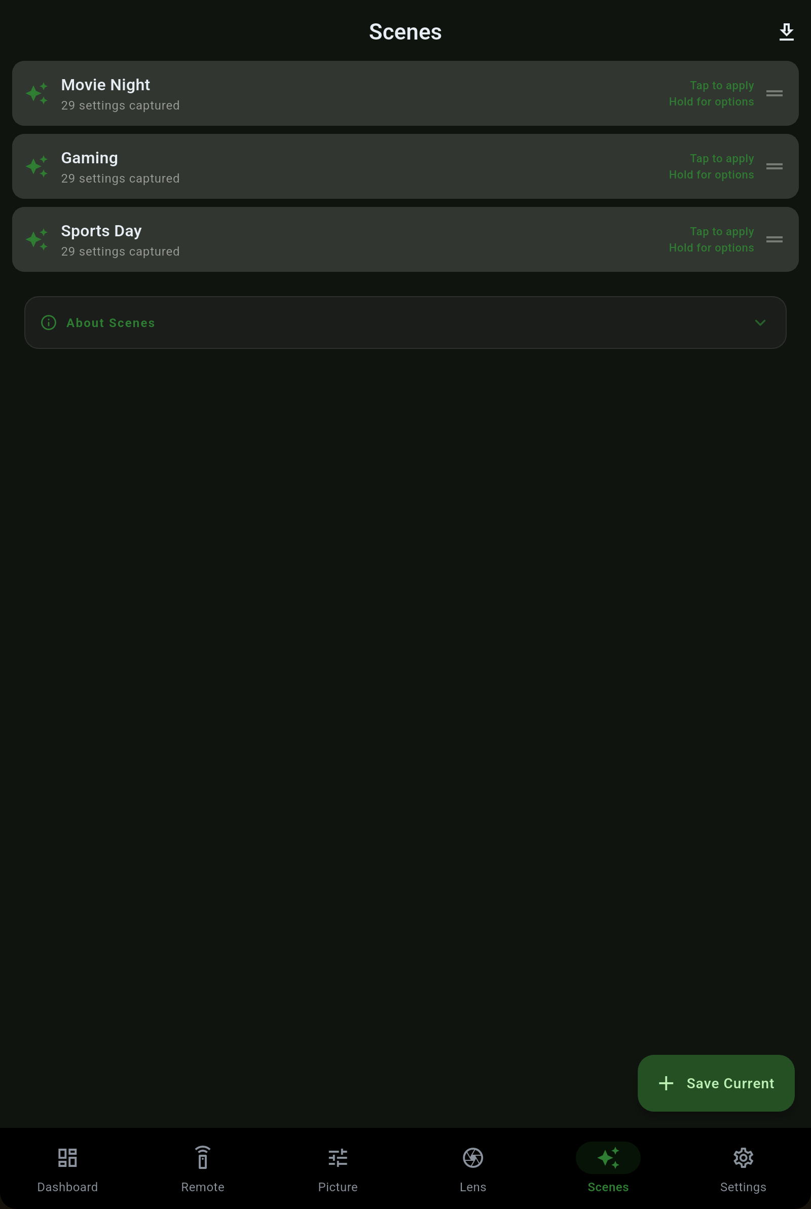 Projector Pilot Scenes tab with saved one-tap Scenes