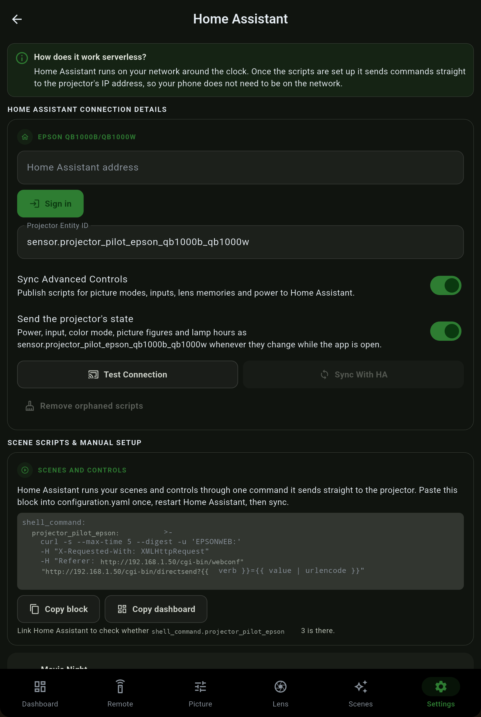Projector Pilot Home Assistant setup screen with sign in and sync toggles