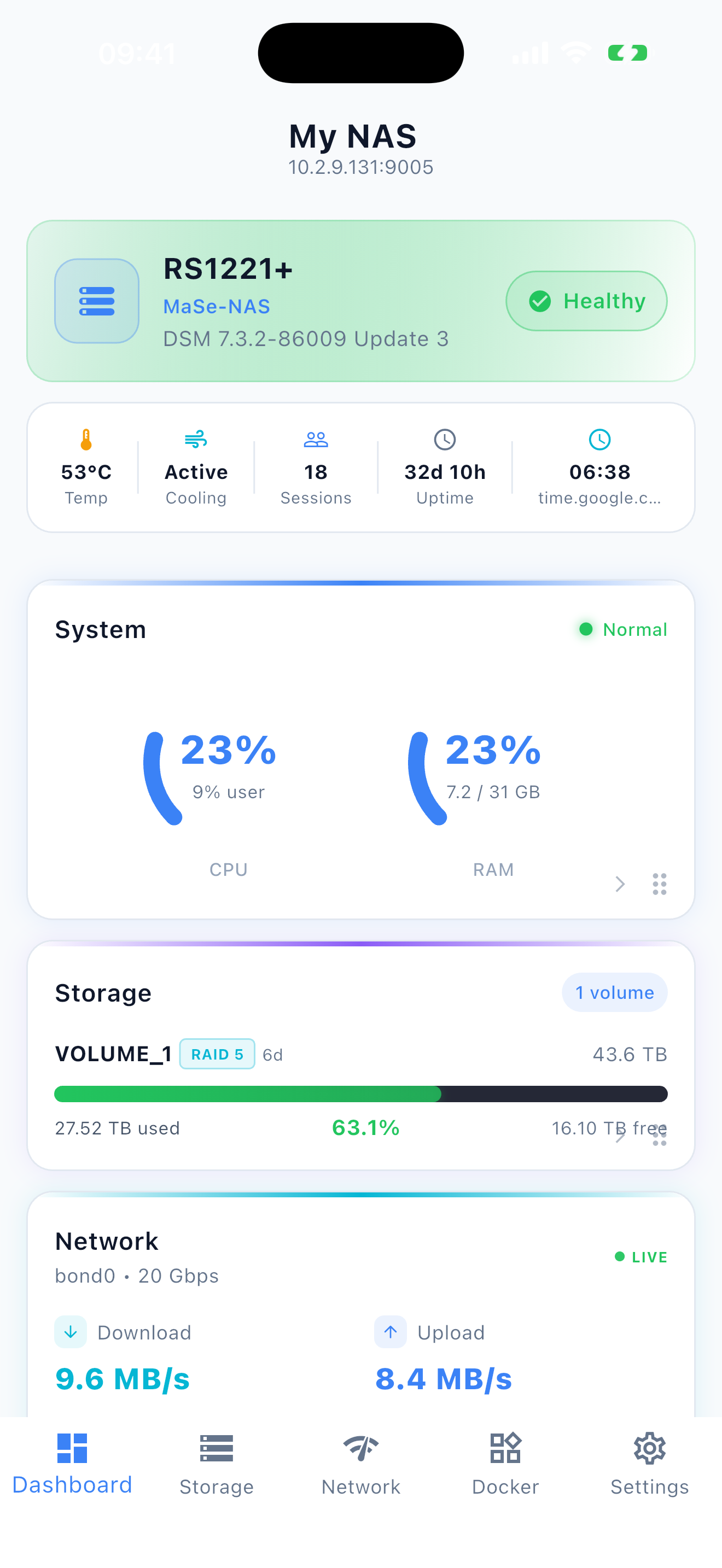 Syno Manager on iPhone - Dashboard (Light)