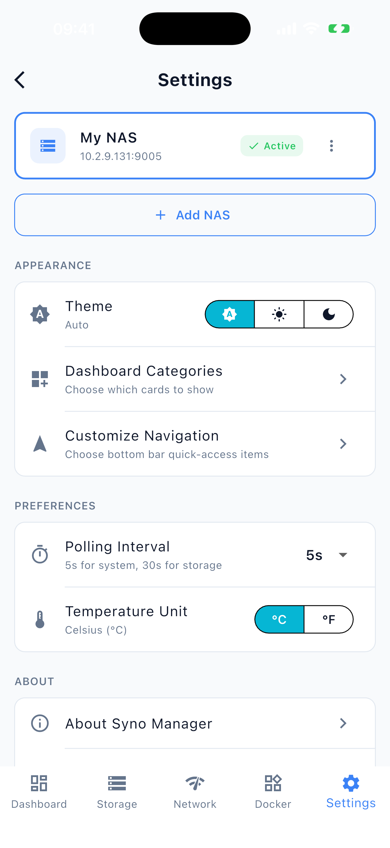 Syno Manager on iPhone - Settings (Light)