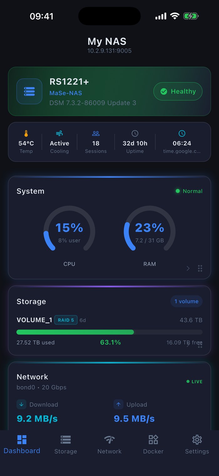 Syno Manager real-time dashboard for a Synology NAS