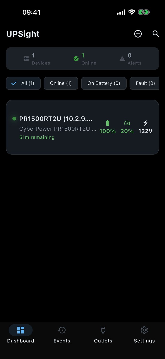 UPSight dashboard monitoring a CyberPower UPS