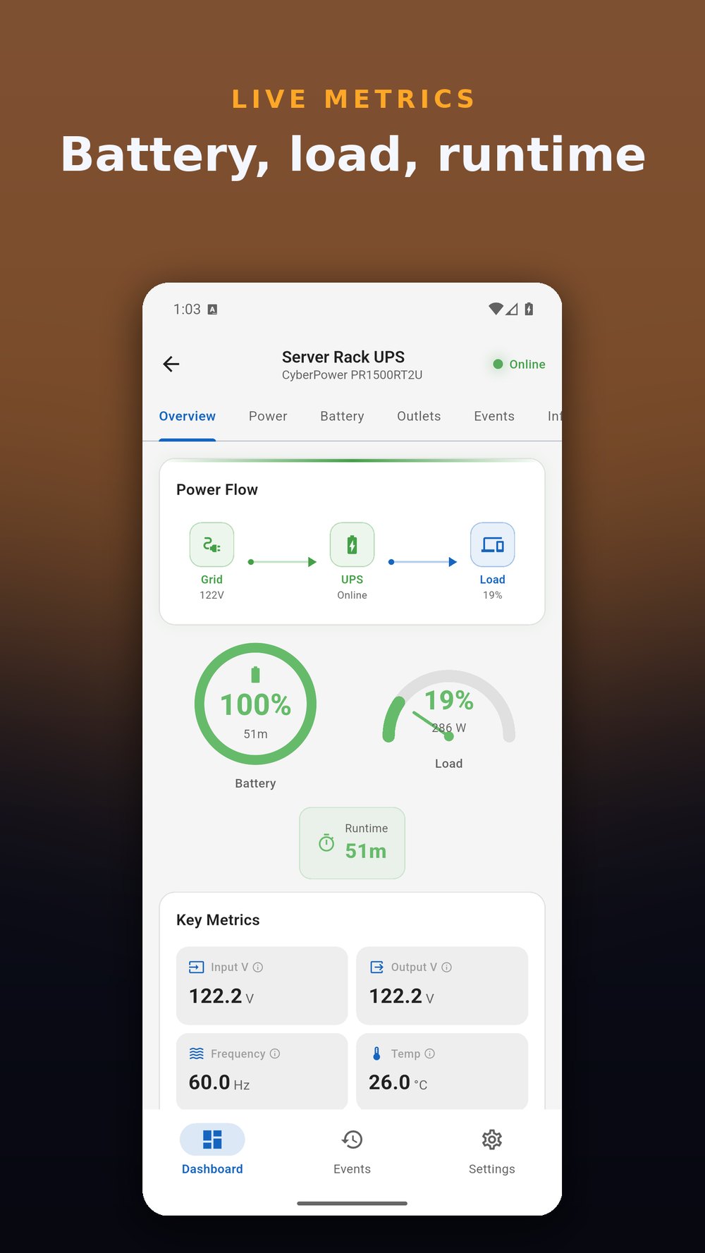 UPSight device detail - battery, load, and runtime